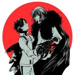 Rule 34 | 2boys, arthropod boy, arthropod limbs, black hair, blindfold, cape, closed mouth, cowboy shot, crown, facing another, fate/grand order, fate (series), from side, fujimaru ritsuka (male), fujimaru ritsuka (male) (decisive battle chaldea uniform), fur-trimmed cape, fur trim, gloves, hair between eyes, holding hands, interlocked fingers, jacket, long sleeves, looking at another, monochrome, multiple boys, nobicco, oberon (fate), oberon (third ascension) (fate), pants, parted bangs, parted lips, profile, puffy long sleeves, puffy sleeves, short hair, smile, standing
