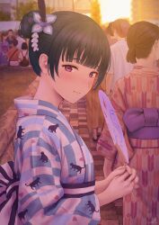 2girls animal_print black_sash blue_kimono blunt_bangs cat_print checkered_clothes checkered_kimono commentary feather_hair_ornament feathers hair_bun hair_ornament hand_fan highres holding holding_fan japanese_clothes kimono long_sleeves love_live! love_live!_sunshine!! multiple_girls obi papi_(papiron100) print_kimono sash short_hair single_side_bun solo_focus striped_sash symbol-only_commentary tsushima_yoshiko upper_body