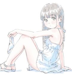1girl bare_shoulders blush brown_eyes brown_hair commentary_request dress highres holding holding_panties holding_underwear holding_unworn_clothes long_hair looking_to_the_side original panties poranka_(porankaran) sandals simple_background sitting solo spaghetti_strap underwear unworn_panties white_background white_dress white_panties white_sandals