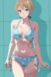 1girl absurdres bikini blue_bikini blue_eyes blush breasts brown_hair cameltoe collarbone hair_ribbon highres large_breasts long_hair looking_at_viewer lynette_bishop navel open_mouth ponytail ribbon scar scar_across_eye scar_on_face side-tie_bikini_bottom smile solo strike_witches swimsuit world_witches_series yoshilyne_marriage_promotion_association