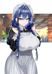 1girl apron black_dress blue_eyes blue_hair braid closed_mouth dress hair_intakes hair_ribbon hands_up hat highres hololive hololive_english low_twin_braids maid maid_apron mob_cap muhammaddeny official_alternate_costume official_alternate_hairstyle ouro_kronii ouro_kronii_(maid) ribbon smile solo twin_braids virtual_youtuber white_apron white_ribbon