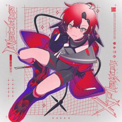 1boy :3 ahoge bare_shoulders black_bodysuit black_gloves black_shorts black_socks bodysuit cape character_name closed_mouth collarbone full_body gloves grey_background highres holding holostars holostars_english legwear_garter looking_at_viewer machina_x_flayon male_focus manmes_214 red_cape red_hair red_shoes shoes shorts simple_background smile socks solo tail virtual_youtuber
