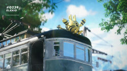 3d arms_up artist_name black_fur blue_sky blurry blurry_background celebi350300687 character_name cinema_4d_(medium) cloud day elekid gen_2_pokemon highres nintendo no_humans open_mouth outdoors poke_ball_symbol pokedex_number pokemon pokemon_(creature) pokemon_focus sitting sky smile solo streetcar tree yellow_fur