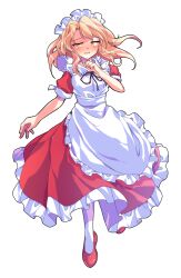 1girl apron black_ribbon blonde_hair blush commentary_request dairi dress frilled_apron frilled_dress frills full_body hand_up highres large_variant_set long_hair looking_at_viewer maid_headdress neck_ribbon pantyhose parted_lips red_dress red_shoes ribbon shoes short_sleeves solo standing touhou touhou_(pc-98) transparent_background variant_set white_apron white_pantyhose yellow_eyes yumeko_(touhou)