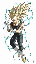 1boy adjusting_clothes adjusting_gloves black_bodysuit bodysuit boots dragon_ball dragon_ball_daima electricity full_body gloves green_eyes highres kakeru_(dbskakeru) long_hair male_focus muscular muscular_male no_eyebrows simple_background solo spiked_hair super_saiyan super_saiyan_3 vegeta white_background white_boots white_gloves