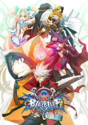Rule 34 | arc system works, black sclera, blazblue, blazblue: central fiction, breasts, colored sclera, hakumen, hat, hazama, jubei (blazblue), konoe a. mercury, large breasts, long hair, mature female, official art, phantom (blazblue), pink hair, platinum the trinity, poster (medium), ragna the bloodedge, smile, valkenhayn r hellsing, witch hat, yuuki terumi