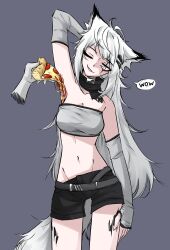 Rule 34 | 1girl, absurdres, ahoge, animal ears, arknights, arm up, armpits, black shorts, breasts, cleavage, disembodied hand, food, food on body, green background, grey arm warmers, grey hair, grey tube top, highres, holding, holding food, holding pizza, lappland (arknights), long hair, long sleeves, looking at another, medium breasts, messy hair, navel, one eye closed, pepperoni, pepperoni pizza, pizza, purple eyes, short shorts, shorts, simple background, smile, solo, speech bubble, strapless, tail, tofusquisha, tube top, variant set, very long hair, white eyes, wolf ears, wolf girl, wolf tail