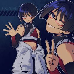 1boy alternate_costume black_eyes black_hair black_nails black_shirt black_sleeves blunt_ends carbuncly character_name clothes_around_waist cropped_shirt detached_sleeves eyeliner eyeshadow genshin_impact grey_pupils hair_intakes hand_up jacket jacket_around_waist looking_at_viewer makeup male_focus middle_ring mole mole_under_eye multiple_views navel one_eye_closed open_hand parted_lips red-framed_eyewear red_eyeliner red_eyeshadow red_shirt red_sleeves scaramouche_(genshin_impact) semi-rimless_eyewear shirt skin_tight smile solo tied_sleeves twitter_username two-tone_shirt two-tone_sleeves v white_mouth white_sleeves wispy_bangs