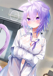 1girl ahoge animal_ear_fluff animal_ears blush breasts cat_girl cat_tail cleavage commentary_request highres hololive kamioka_shun&#039;ya large_breasts long_sleeves naked_shirt navel nekomata_okayu nekomata_okayu_(oversized_shirt) official_alternate_costume partially_unbuttoned purple_eyes purple_hair see-through_clothes shirt short_hair smile solo tail virtual_youtuber wet wet_clothes wet_shirt