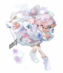 1girl acuteghost bright_pupils capelet creature_on_head crescent crescent_earrings dress earrings fang full_body fur-trimmed_sleeves fur_trim hair_ornament hair_scrunchie highres index_finger_raised inkling inkling_girl inkling_player_character jewelry long_hair long_sleeves looking_at_viewer nintendo one_side_up open_mouth pink_dress pink_hair pointy_ears purple_eyes sample_watermark scrunchie shoes simple_background smile solo splatoon_(series) star-shaped_pupils star_(symbol) star_earrings symbol-shaped_pupils tentacle_hair watermark white_background white_capelet white_pupils white_scrunchie white_shoes