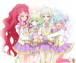 Rule 34 | 4girls, aikatsu!, aikatsu! (series), aikatsu stars!, blue hair, bow, braid, double bun, donut hair bun, drill hair, elza forte, flower, futaba aria, green eyes, green hair, hair between eyes, hair bun, hair flower, hair ornament, hanazono kirara, holding hands, kizaki rei, leg up, long hair, looking at another, multicolored hair, multiple girls, open mouth, pink hair, popoin, school uniform, short hair, simple background, skirt, smile, twin drills, twintails, venus ark uniform, white background, yellow eyes