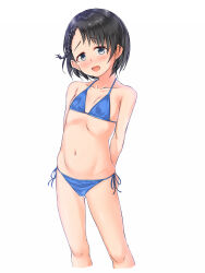 1girl bikini black_hair blue_bikini blush braid grey_eyes highres idolmaster idolmaster_cinderella_girls knees loli navel open_mouth ribs sasaki_chie shirota_mizuki side-tie_bikini_bottom solo stomach swimsuit thighs white_background