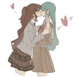 2girls aqua_hair bang_dream! blush brown_dress brown_hair brown_skirt chara_tomato52 closed_eyes dress earrings green_eyes grey_jacket half_updo haneoka_school_uniform heart hikawa_sayo imai_lisa jacket jewelry kiss long_hair long_sleeves multiple_girls neck_ribbon plaid_clothes plaid_dress plaid_skirt pleated_skirt red_ribbon ribbon sailor_dress school_uniform sidelocks skirt yuri