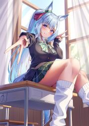 1girl absurdres animal_ears blush braid breasts commentary_request crown_braid curtains double_v gyaru hair_between_eyes hair_ornament highres hirorinwelcome horse_ears horse_girl horse_tail medium_breasts mejiro_ardan_(umamusume) ponytail purple_eyes sitting sky smile solo table tail umamusume v window