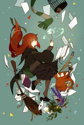 1girl absurdres anklet aqua_background bird birdcage black_pantyhose black_shoes black_skirt book broom brown_hair cage cauldron chess_piece cindrel. cloak cup drinking_glass female_focus floating_hair flower from_side full_body highres holding holding_wand inkwell jewelry lavender_(flower) letter loafers long_hair long_sleeves looking_up magic mortar_(bowl) open_book original pantyhose parted_lips pestle plant pleated_skirt quill red_eyes scarf shoes simple_background skirt solo striped_clothes striped_scarf sweater wand wine_glass