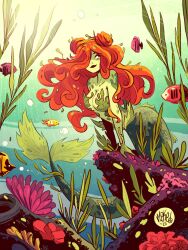 1girl artist_name blush breasts cleavage collarbone colored_skin dated dc_comics fish green_skin hair_over_one_eye highres large_breasts long_hair mermaid mikemaihack monster_girl orange_hair poison_ivy seaweed solo underwater