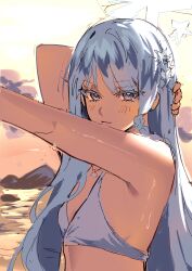 1girl absurdres arm_behind_head bare_arms bare_shoulders bikini blue_archive blush braid breasts closed_mouth highres lilinee long_hair looking_at_viewer nagusa_(blue_archive) nagusa_(swimsuit)_(blue_archive) official_alternate_costume official_alternate_hairstyle single_braid small_breasts solo swimsuit upper_body white_bikini white_eyes white_hair