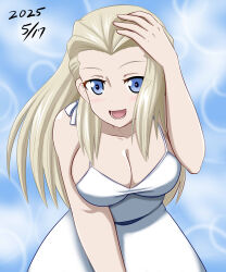 1girl absurdres bare_arms blonde_hair blue_background blue_eyes bow breasts bubble_background clara_(girls_und_panzer) dated dress eyes_visible_through_hair girls_und_panzer hair_between_eyes hand_in_own_hair happy_birthday highres large_breasts long_hair looking_at_viewer lower_teeth_only megi2009 navel open_mouth sleeveless smile solo teeth white_bow white_dress