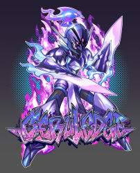 Rule 34 | absurdres, armor, breastplate, bright pupils, ceruledge, character name, commentary request, eye trail, fire, fish.boy, full body, highres, legs apart, light trail, nintendo, pokemon, pokemon (creature), pokemon focus, purple eyes, purple fire, shoulder armor, solo, standing