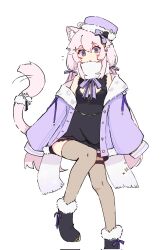 :&lt; animal_ears bad_tag black_dress blush boots cat_ears cat_tail cleavage_cutout clothing_cutout crikochan dress fur-trimmed_boots fur_trim hair_ornament hat jacket long_hair nyatasha_nyanners off-shoulder_jacket off_shoulder open_clothes open_jacket pink_eyes ribbon scarf simple_background sitting tail white_background