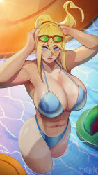 1girl abs armpits arms_up bikini blonde_hair blue_eyes breasts cleavage curvy female_focus highres huge_breasts lips long_hair looking_at_viewer metroid mole mole_under_mouth navel nintendo ponytail samus_aran solo sunglasses swimsuit xuuikie_ashe