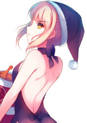 1girl artoria_pendragon_(fate) blonde_hair breasts chicken_(food) euforia fate/stay_night fate_(series) female_focus food fried_chicken from_behind hat kfc long_hair saber_(fate) saber_alter santa_alter santa_hat sideboob simple_background small_breasts solo white_background yellow_eyes