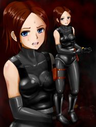 Rule 34 | 1girl, blue eyes, bodysuit, boots, brown hair, capcom, claire redfield, cosplay, dino crisis, elbow gloves, gloves, highres, knife, latex, lipstick, long glove, makeup, open mouth, pink lips, regina (cosplay), regina (dino crisis), resident evil, skin tight, sweat, teeth, tsumazu