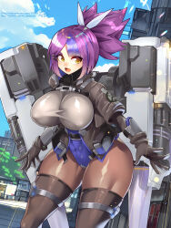 Rule 34 | 1girl, :d, black boots, black gloves, black jacket, black thighhighs, blue hair, blue leotard, blue sky, blunt bangs, bodysuit, boots, bracer, breasts, building, bulgasari (last origin), chest strap, city, cloud, covered erect nipples, day, gloves, grey leotard, hair ribbon, highres, impossible bodysuit, impossible clothes, impossible leotard, jacket, large breasts, last origin, leotard, light particles, looking at viewer, multicolored hair, multicolored leotard, open mouth, outdoors, pantyhose, pile bunker, pixiv id, pixiv username, plant, ponytail, purple hair, ribbon, road, signature, sky, skyscraper, smile, solo, spiked hair, streaked hair, street, thick thighs, thigh boots, thigh strap, thighhighs, thighs, tree, twitter username, two-tone hair, two-tone leotard, umigarasu (kitsune1963), underbust, white ribbon, wide hips, yellow eyes