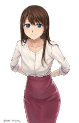1girl arms_behind_back artist_name blue_eyes breasts brown_hair closed_mouth collarbone commentary_request commission from_above highres long_hair looking_at_viewer office_lady original pencil_skirt pixiv_commission red_skirt setu_kurokawa shirt skirt sleeves_rolled_up smile solo standing twitter_username watermark white_shirt
