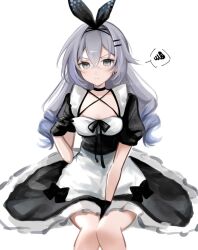 1girl alternate_costume animal_ears apron black_choker black_dress black_gloves breasts choker dress drill_hair fake_animal_ears gloves grey_hair highres honkai:_star_rail honkai_(series) long_hair looking_at_viewer maid maid_apron memi_58 puffy_short_sleeves puffy_sleeves rabbit_ears short_sleeves silver_wolf_(honkai:_star_rail) simple_background sitting small_breasts solo twin_drills white_apron white_background