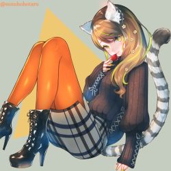 1girl animal_ears ankle_boots boots brown_hair commentary fang female_focus food fruit green_hair head_tilt high_heel_boots high_heels knees_up lace-up_boots lace-up_sleeves lemur_ears lemur_tail long_hair looking_at_viewer mouth_hold multicolored_hair nail_polish orange_pantyhose original pantyhose pencil_skirt plaid_clothes plaid_skirt platform_boots platform_footwear ribbed_sweater simple_background sitting skirt solo strawberry streaked_hair suzuho_hotaru sweater swept_bangs tail yellow_eyes