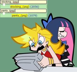 2girls angry blonde_hair blue_bow bow closed_eyes colored_inner_hair computer dress gothic_lolita green_background grin hair_bow jealous lolita_fashion long_hair meme monitor multicolored_hair multiple_girls obsessedleek open_mouth panty_&amp;_stocking_with_garterbelt panty_(psg) pink_hair purple_hair red_dress rule34.xxx rule_34_(meme) search_bar siblings simple_background sisters smile smirk smug stocking_(psg) teeth upper_teeth_only
