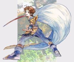 1boy absurdres bartz_klauser blue_footwear brown_hair cape dagger earrings final_fantasy final_fantasy_v full_body grey_eyes highres holding holding_sword holding_weapon jewelry knife looking_at_viewer male_focus mokunami open_mouth pants reaching reaching_towards_viewer short_hair solo sword weapon white_cape white_pants