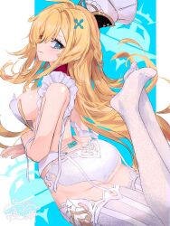 1girl absurdres ahoge aqua_eyes ass ass_focus bare_shoulders blonde_hair blush breasts butt_crack come_hither escoffier_(genshin_impact) from_behind garter_belt genshin_impact gmpoo93 hat highres huge_ass large_breasts long_hair looking_at_viewer looking_back naughty_face panties sideboob smile solo thick_thighs thighhighs thighs underwear very_long_hair