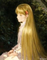 1girl absurdres blonde_hair blue_eyes closed_mouth commentary dress earrings expressionless flower frilled_sleeves frills from_side hair_flower hair_ornament highres jewelry long_hair long_sleeves looking_ahead original outdoors plant seapall sitting solo very_long_hair watermark weibo_watermark white_dress