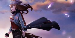 1girl animal_ears belt black_gloves black_pants blue_coat breasts clenched_hands cloud coat cowboy_shot dice dice_necklace ears_through_headwear fingerless_gloves floating_hair from_side gloves high_collar highres horse_ears horse_girl horse_tail korean_commentary long_sleeves nakayama_festa_(umamusume) necklace open_clothes open_coat open_mouth outdoors pants petals profile purple_eyes red_shirt shirt sideways_mouth small_breasts smile solo tail taisaaa torn_clothes torn_shirt umamusume