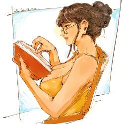 1girl black_hair bon_drawr book breasts cleavage closed_mouth commentary glasses hair_bun highres holding holding_book nico_robin one_piece profile reading red_nails signature sitting solo upper_body
