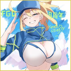 1girl absurdres ahoge artoria_pendragon_(fate) baseball_cap bikini blonde_hair blue_eyes blue_hat blue_shrug blue_sky blush breasts cleavage fate/grand_order fate_(series) grin hat highres large_breasts long_hair long_sleeves looking_at_viewer mysterious_heroine_xx_(fate) one_eye_closed ponytail s4ika shrug_(clothing) sidelocks sky smile solo swimsuit translation_request white_bikini