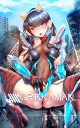 Rule 34 | 1girl, black hair, blue eyes, blush, boots, breasts, building, city, collarbone, day, denkou choujin gridman, denkou choujin gridman: boys invent great hero, destruction, elbow gloves, female focus, fingerless gloves, giant, giantess, gloves, gridman universe, headgear, high heels, highres, long hair, looking at viewer, mecha musume, medium breasts, midriff, nose blush, open mouth, outdoors, rubbing, sidelocks, silly (marinkomoe), size difference, solo, ssss.gridman, suggestive fluid, takarada rikka, thigh boots, thighhighs, thong