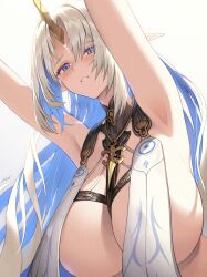 1girl absurdres armpits arms_up bare_shoulders black_collar blue_eyes blush breast_curtains breasts collar colored_inner_hair commentary fleurdelys_(wuthering_waves) hichi highres horns huge_breasts long_horns multicolored_hair parted_lips pointy_ears simple_background single_horn solo tabard white_background white_tabard wuthering_waves yellow_horns