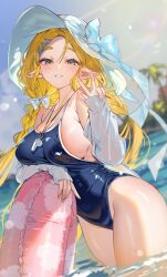 1girl alternate_costume alternate_hairstyle blonde_hair blue_eyes blue_one-piece_swimsuit blue_sky blurry blurry_background bow braid breasts commentary hair_bow hair_ornament hairclip hat hat_bow highleg highleg_one-piece_swimsuit highres innertube large_breasts leaning_on_object long_hair looking_at_viewer nintendo ocean off_shoulder one-piece_swimsuit open_clothes open_shirt outdoors parted_bangs parted_lips pointy_ears princess_zelda shirt shuri_(84k) sideboob sky sleeves_past_wrists smile sun_hat sunlight swim_ring swimsuit the_legend_of_zelda the_legend_of_zelda:_breath_of_the_wild twin_braids v wading wet wet_clothes wet_shirt whistle whistle_around_neck white_bow white_hat white_shirt