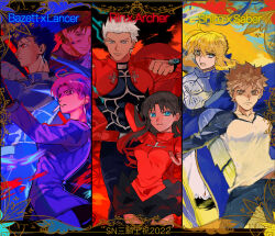 3girls 4boys ahoge archer_(fate) armor armored_dress artoria_pendragon_(fate) bazett_fraga_mcremitz black_hair black_skirt blonde_hair blue_bodysuit blue_dress blue_eyes blue_hair bodysuit breasts brown_eyes brown_hair commentary_request cu_chulainn_(fate) cu_chulainn_(fate/stay_night) dark_skin denim dress earrings emiya_shirou english_text erk_(okra_ecory) fate/hollow_ataraxia fate/stay_night fate_(series) formal_clothes gloves grey_eyes hatsune_miku highres jeans jewelry kotomine_kirei long_dress looking_at_viewer magical_mirai_miku magical_mirai_miku_(2022) medium_breasts miniskirt mole mole_under_eye multiple_boys multiple_girls open_mouth pants ponytail purple_eyes purple_hair raglan_sleeves red_eyes saber_(fate) serious shaded_face shirt skirt smile spiked_hair suit tohsaka_rin turtleneck turtleneck_shirt upper_body white_hair yellow_eyes