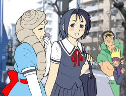 Rule 34 | 2boys, 2girls, aqua dress, blush, dress, drill hair, edge, elbow gloves, gloves, isurugi gan, justice gakuen, kazama akira, kirishima yurika, moero! justice gakuen, multiple boys, multiple girls, tears, tsukinowa kumatarou, twin drills, yamada eiji