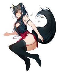 Rule 34 | 1boy, absurdres, afterimage, ahoge, alternate costume, animal ears, ass, bare shoulders, black dress, black hair, black shoes, black thighhighs, blush, brown eyes, china dress, chinese clothes, cleavage cutout, closed mouth, clothing cutout, crossdressing, dress, ear wiggle, earrings, fox boy, fox ears, fox tail, full body, highres, jewelry, jujeop, kemonomimi mode, korean commentary, korean text, long hair, looking at viewer, lying, male focus, modao zushi, multicolored dress, on side, panties, pectoral cleavage, pectorals, ponytail, red dress, shoes, side-tie panties, sidelocks, simple background, sleeveless, sleeveless dress, smile, solo, tail, tail wagging, tangzhuang, thighhighs, thighs, trap, underwear, wei wuxian, white background