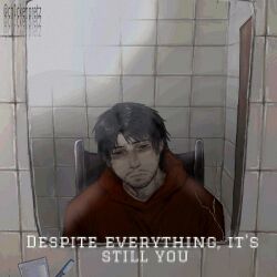 1boy bags_under_eyes bathroom beard_stubble black_hair black_shirt ceiling_light ch1ckenpretz cry_of_fear despite_everything_it&#039;s_still_you_(meme) door english_text exhausted facial_hair grey_hoodie highres hood hood_down hoodie looking_at_viewer male_focus meme mirror reflection reflection_focus reflective_surface shirt short_hair simon_henriksson_(sick) solo standing stubble tile_wall tiles toothbrush toothpaste unzipped