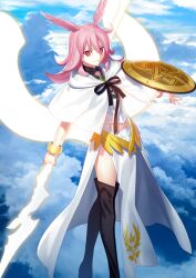 1girl armored_leotard bangle black_boots black_bow black_choker blue_background blue_sky boots bow bracelet breasts bright_pupils capelet choker closed_mouth clothing_cutout cloud cloudy_sky cutout_below_navel fate/grand_order fate_(series) glowing glowing_weapon glowing_wings hair_between_eyes hair_wings hand_up hildr_(fate) holding holding_polearm holding_shield holding_weapon hood hood_down hooded_capelet jewelry leotard long_hair looking_at_viewer medium_breasts official_art pelvic_curtain pink_hair polearm red_eyes shield sky smile solo spear takeuchi_takashi thigh_boots third-party_source valkyrie_(fate) variant_set weapon white_capelet white_leotard white_pupils wings
