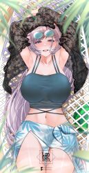 Rule 34 | 1girl, bikini, bikini top only, blue eyes, flower, hair flower, hair ornament, hololive, hololive indonesia, landacdeus, pavolia reine, sarong, summer, sunglasses, sunglasses on head, swimsuit, virtual youtuber, white hair