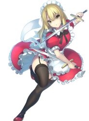 Rule 34 | 1girl, apron, black pantyhose, blonde hair, bow, commission, dress, dual wielding, frills, highres, holding, janne cherry, long hair, maid, maid headdress, pantyhose, pixiv commission, puffy short sleeves, puffy sleeves, red dress, ribbon, short sleeves, solo, sword, touhou, weapon, yellow eyes, yumeko (touhou)