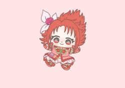 1girl animal_print bow bowtie butterfly_earrings butterfly_print chibi closed_mouth collared_dress cure_rouge dot_nose dress earrings eyelashes flower frilled_sleeves frills green_brooch hair_bow hair_flower hair_ornament happy ichigo_usuhana jewelry light_blush looking_at_viewer magical_girl miniskirt natsuki_rin orange_background outstretched_arms pink_bag pink_bow pink_flower pink_rose pleated_skirt precure red_arm_warmers red_bow red_bowtie red_dress red_eyes red_hair red_shoes red_theme rose shoes short_dress short_hair short_sleeves simple_background skirt skirt_under_dress smile socks solo tareme waist_bag white_skirt white_sleeves white_socks yes!_precure_5 yes!_precure_5_gogo!
