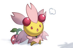 :o cherrim cherrim_(sunshine) cherubi commentary_request creatures_(company) game_freak gen_4_pokemon naoki_eguchi nintendo open_mouth outstretched_arms pokemon pokemon_(creature) protecting red_eyes standing tongue wavy_eyes white_background